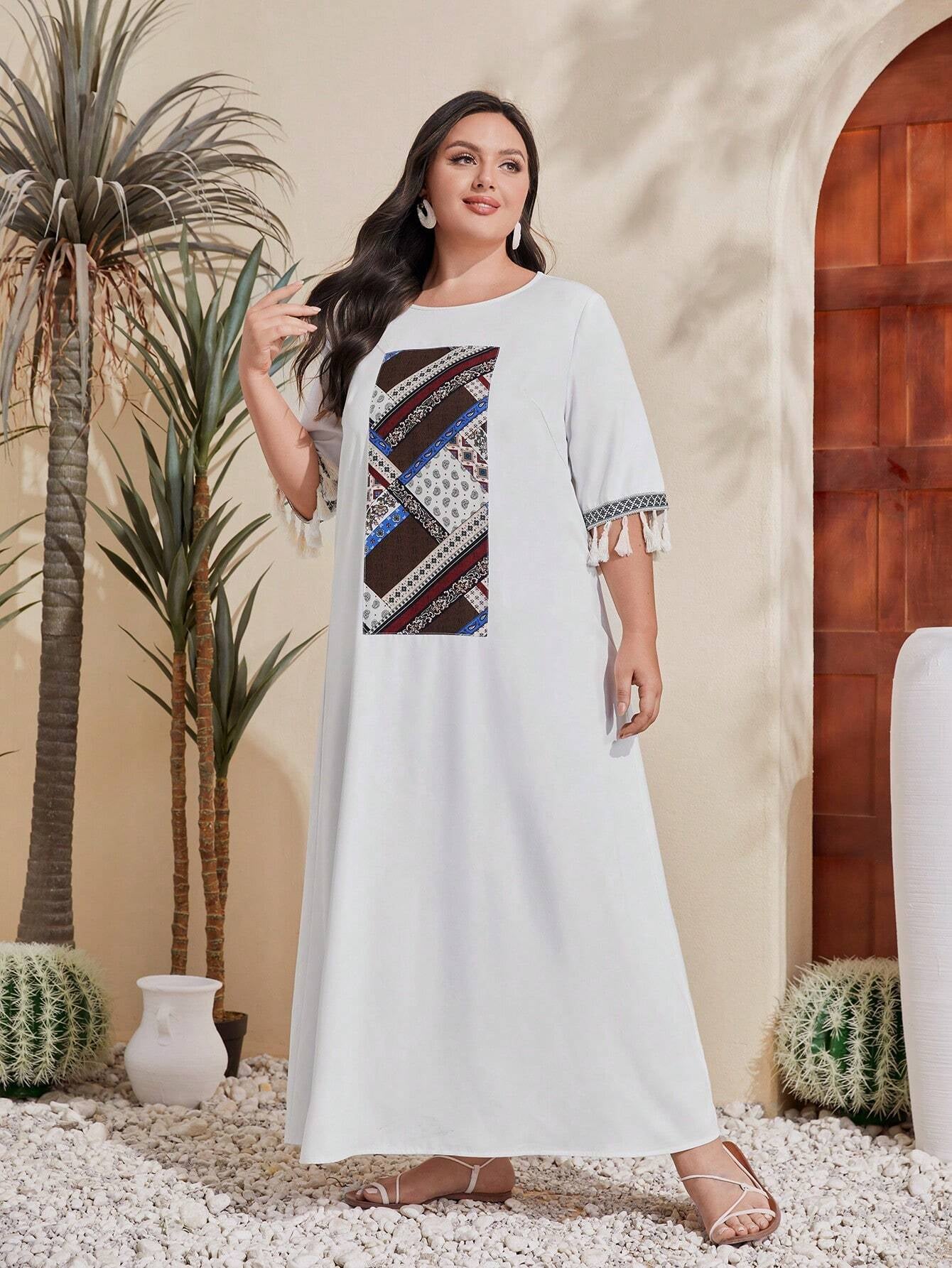 Mulvari plus Size Patchwork Printed Fringe Decorated Dress