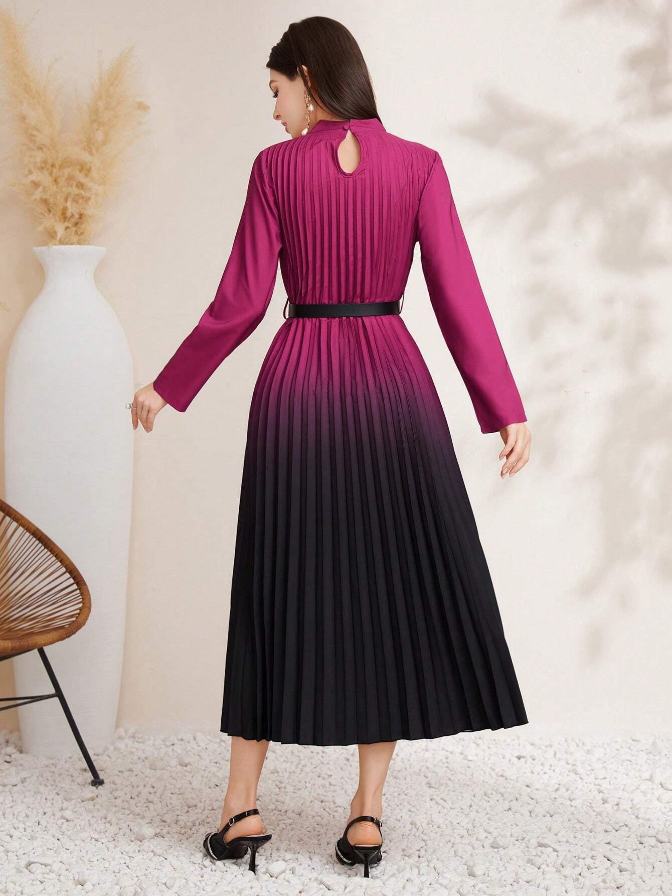 Modely Women'S Gradient Color Stand Collar Pleated Long Sleeve Dress