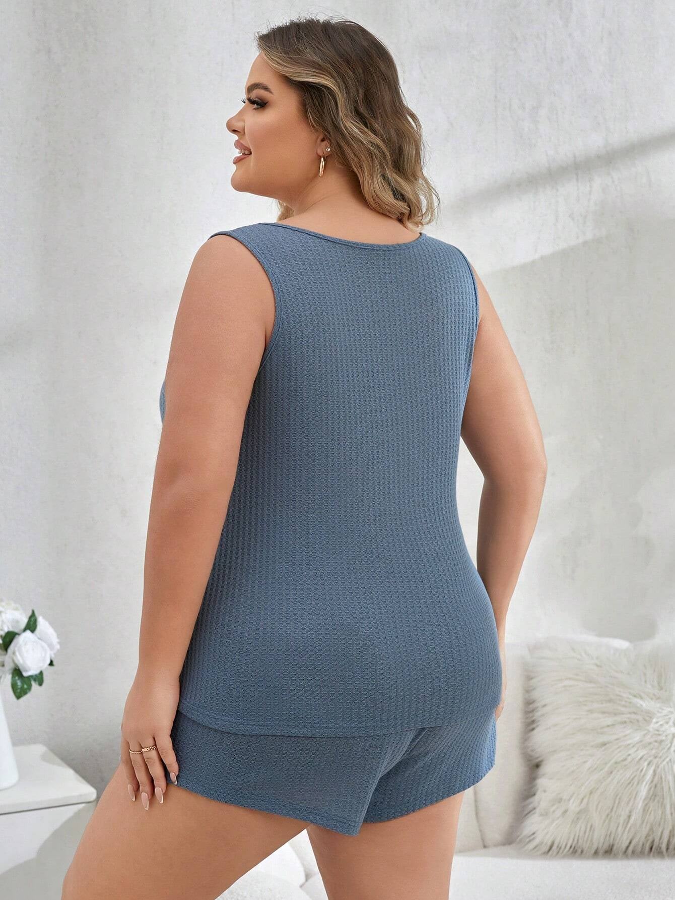 Plus Size Solid Color Basic Leisure Waffle Design Vest and Shorts Home Wear Set
