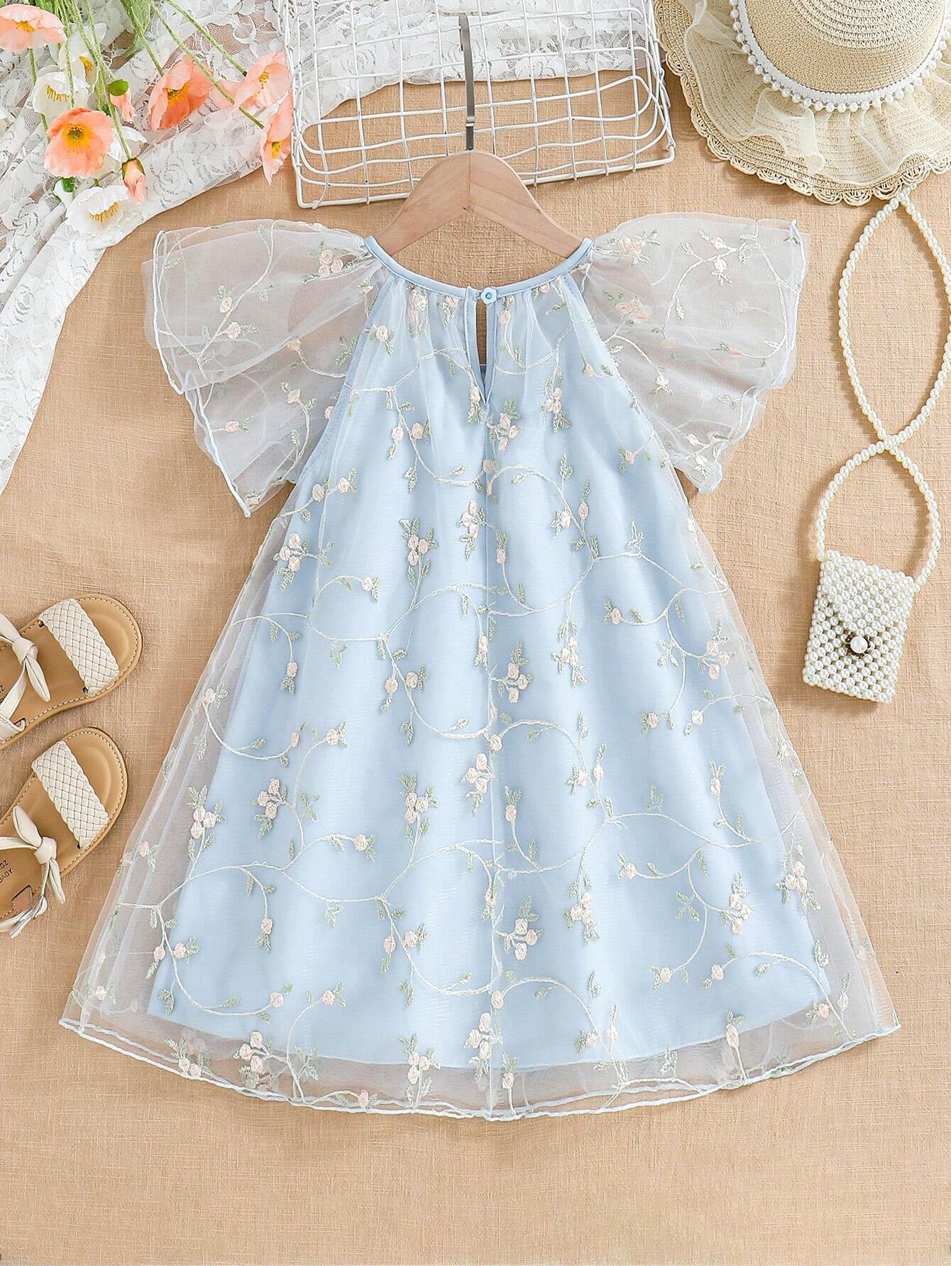 Young Girls' Mesh Embroidery Dress with Ruffle Hem