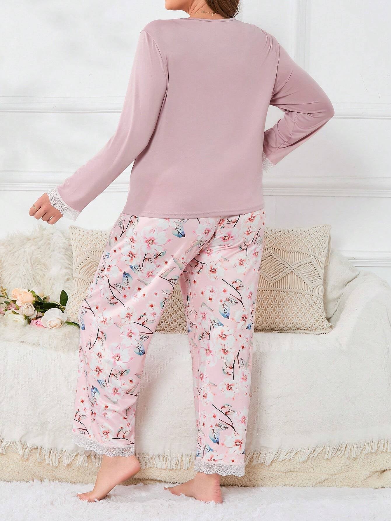 Plus Floral Print Lace Trim PJ Set