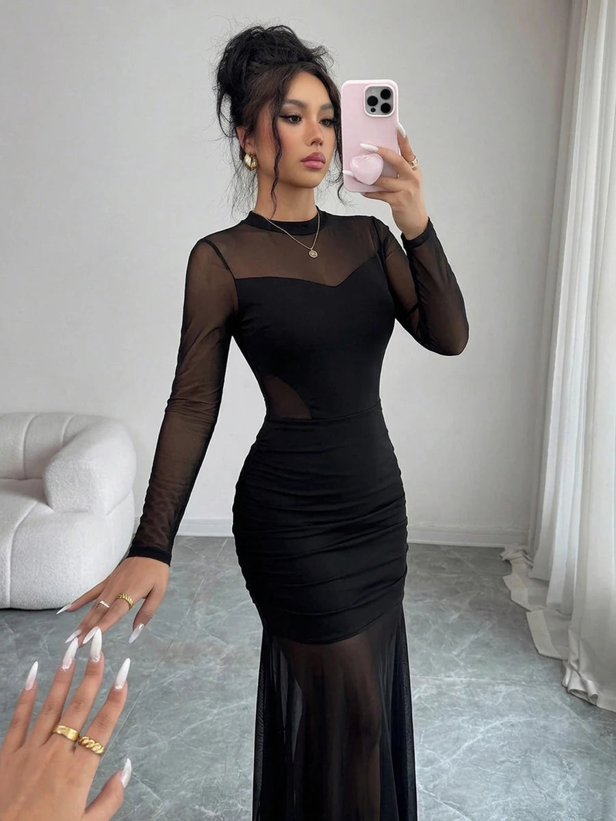 SHEIN Elenzga فستان أسود بتصميم شبكي شفاف وياقة دائرية وتنورة كاملة