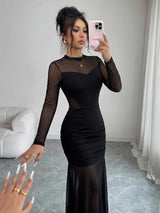 SHEIN Elenzga فستان أسود بتصميم شبكي شفاف وياقة دائرية وتنورة كاملة