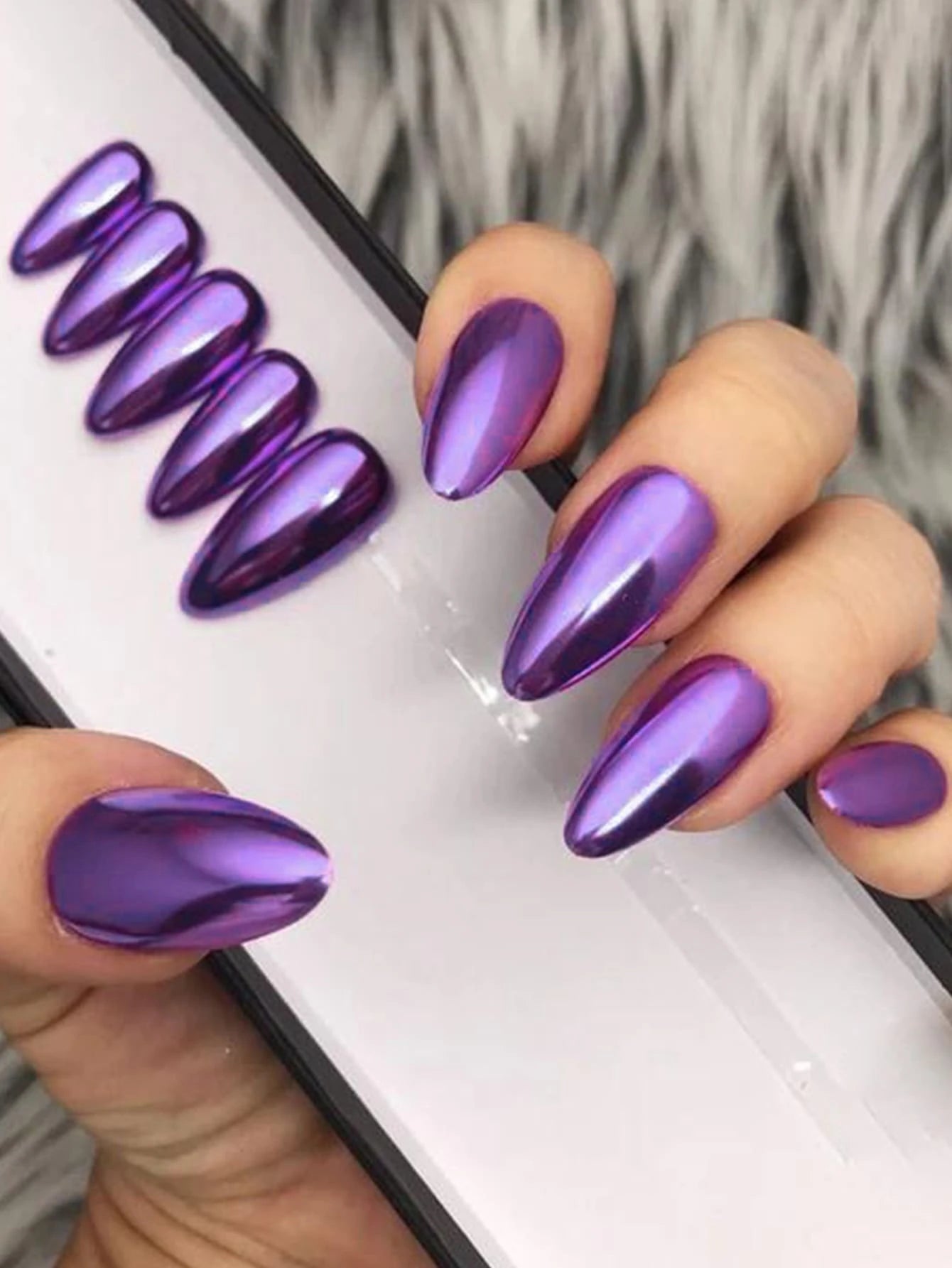 Transform Your Nails with 24Pcs Short Almond Purple Mirror Effect Solid Glossy Plain Fake Nail & 1Pc Nail File & 1Sheet Tape