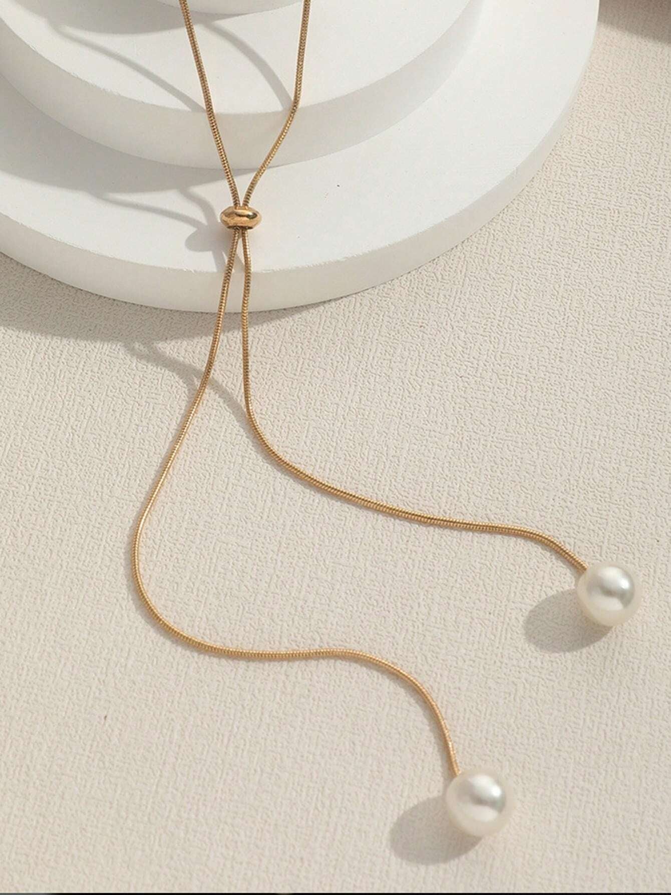 1Pc Fashionable and Versatile Adjustable Pull-Cord Long Faux Pearl Necklace for Women