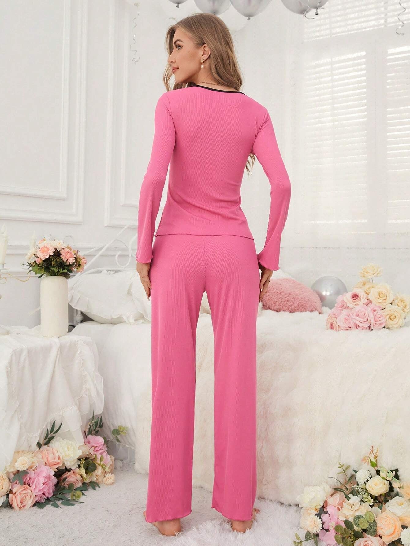 Women'S Bow Decorated Lettuce Hem Home Wear Set