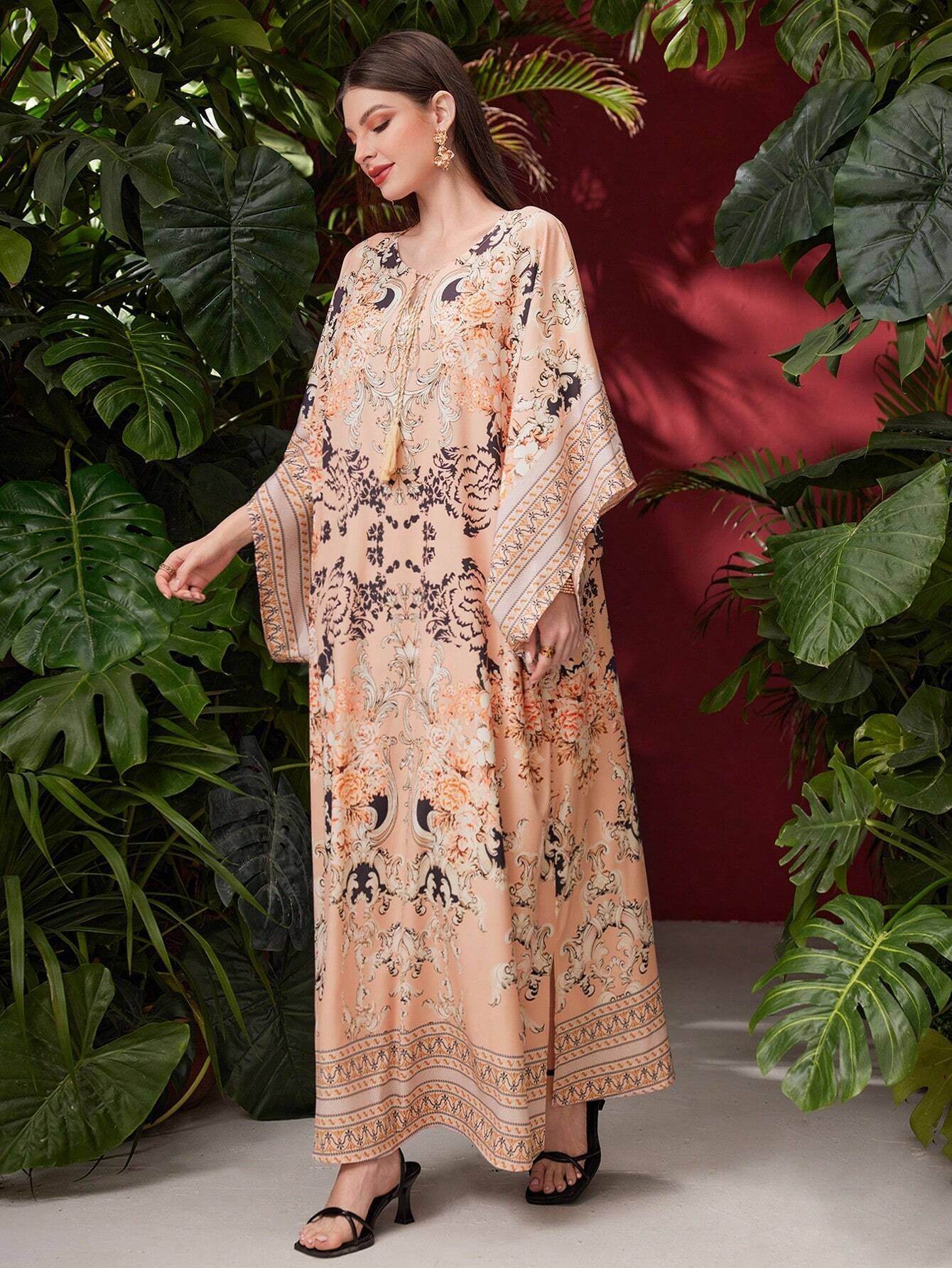 Najma Ladies' Floral Printed Batwing Sleeve Arab Style Dress