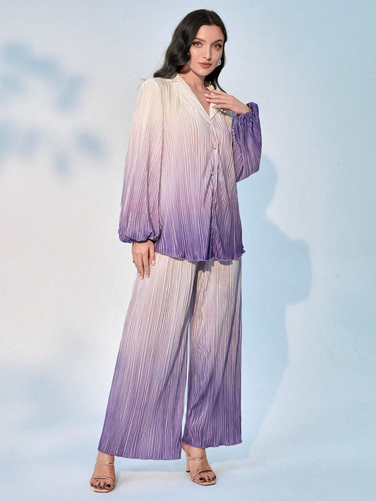 Mulvari Ombre Lantern Sleeve Shirt & Wide Leg Pants