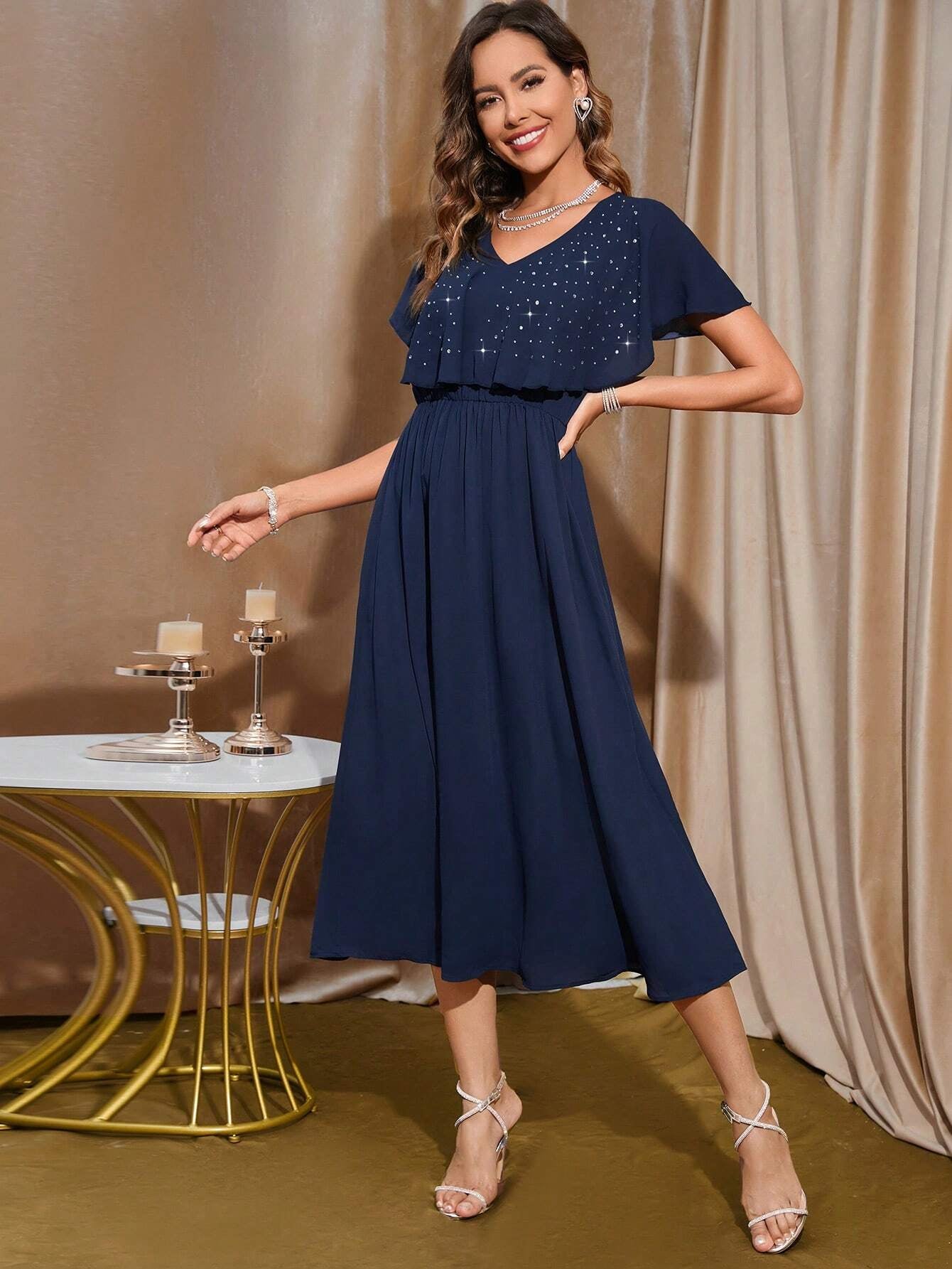 Clasi Rhinestone Beaded Butterfly Sleeve Dress