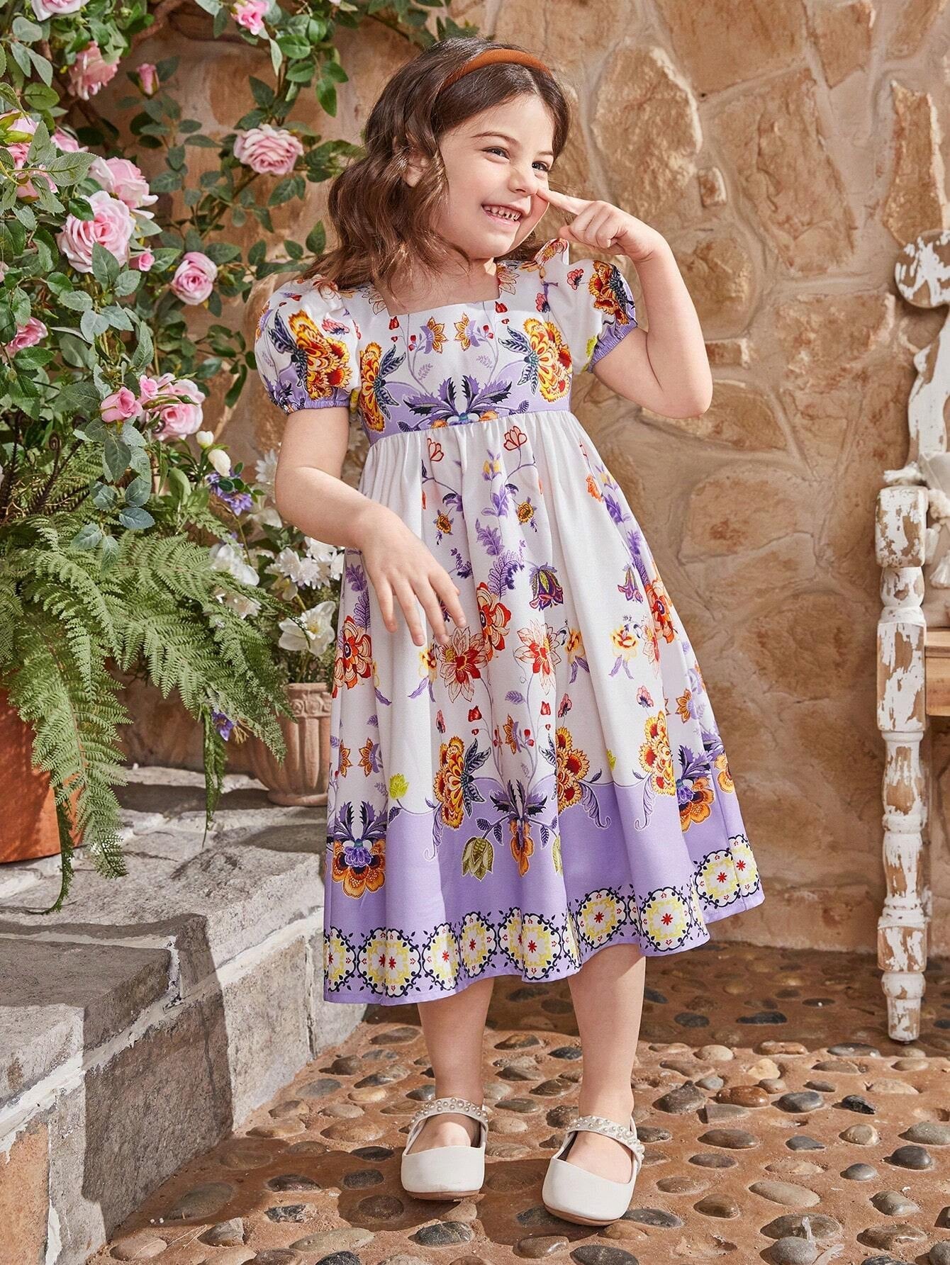 Young Girls' Square Neck Puff Sleeve Floral Dress, Mommy and Me Matching Outfits (2 Pieces Sold Separately)