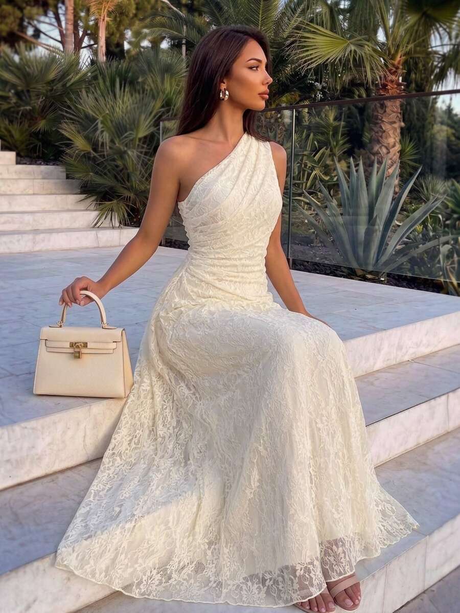SHEIN Firerie فستان ماكسي بلون أوف وايت بخصر محدد بدون أكمام