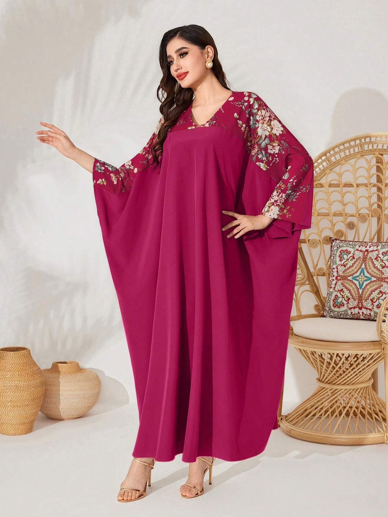 Najma Batwing Sleeve Dress with Plant Pattern Print