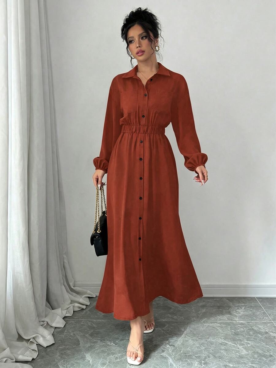 SHEIN Elenzga فستان طويل بأكمام طويلة وأزرار أمامية