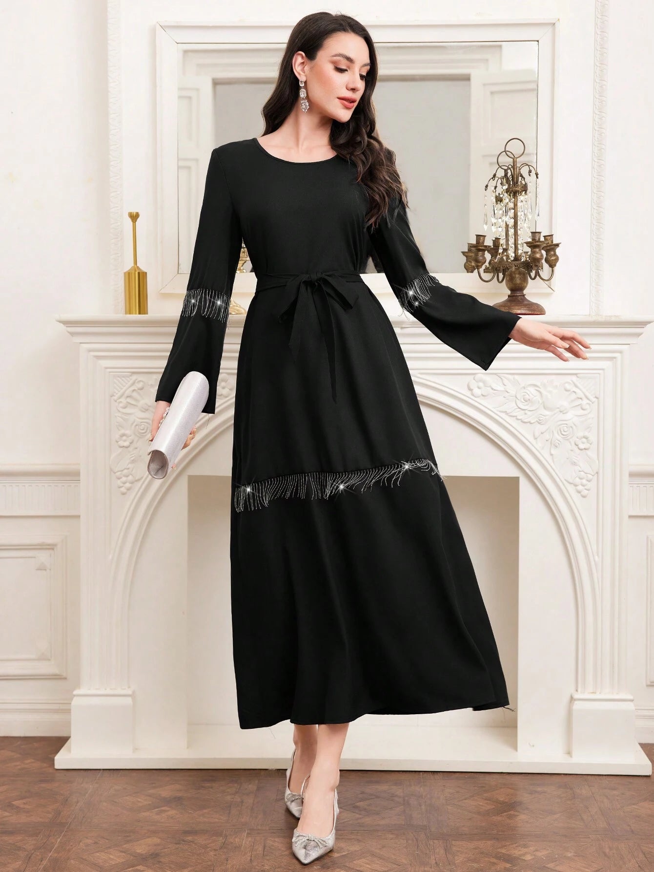 Najma Black round Neck Fringe Decorated Casual Dress