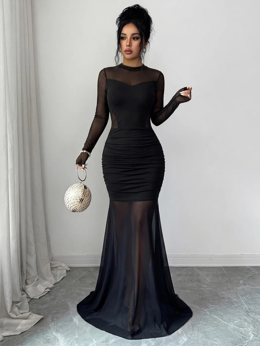 SHEIN Elenzga فستان أسود بتصميم شبكي شفاف وياقة دائرية وتنورة كاملة