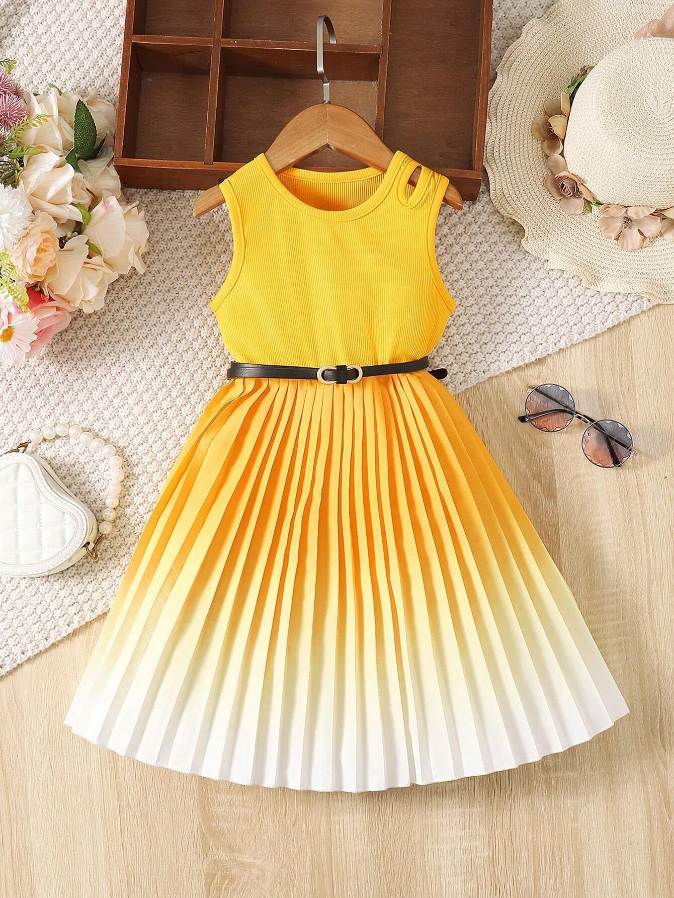 Young Girl Gradient Colorblock Pleated Hem Sleeveless Dress for Summer