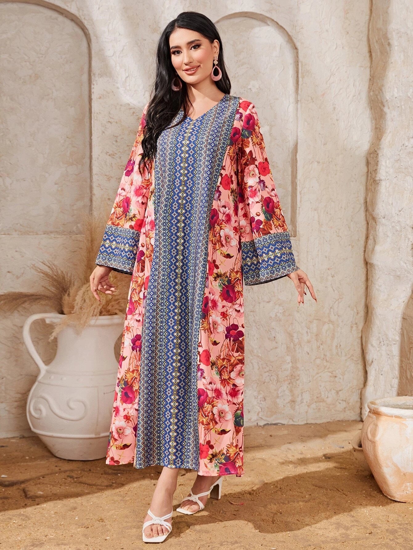 Najma Floral Print V Neck Flounce Sleeve Dress
