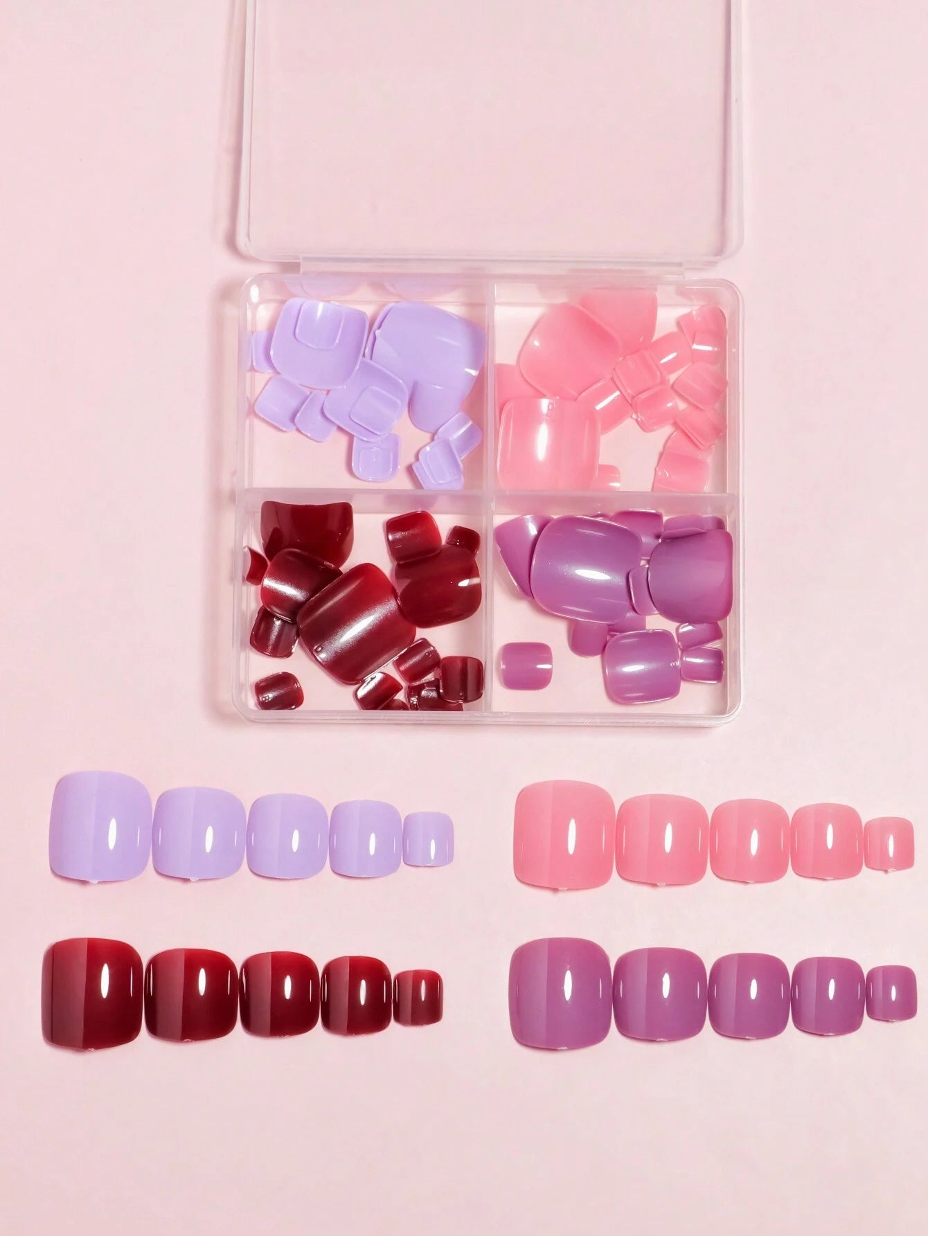 96Pcs(Pink/Cherry Red/Light Purple/Dark Purple) Short Square Press on Toenails Designed Press on Toenails Full Cover, 4 Glossy False Toenails for Feet, French Design Fake Toenails for Summer Nail Art Set for Women and Girls with Re-Usable Storage Box
