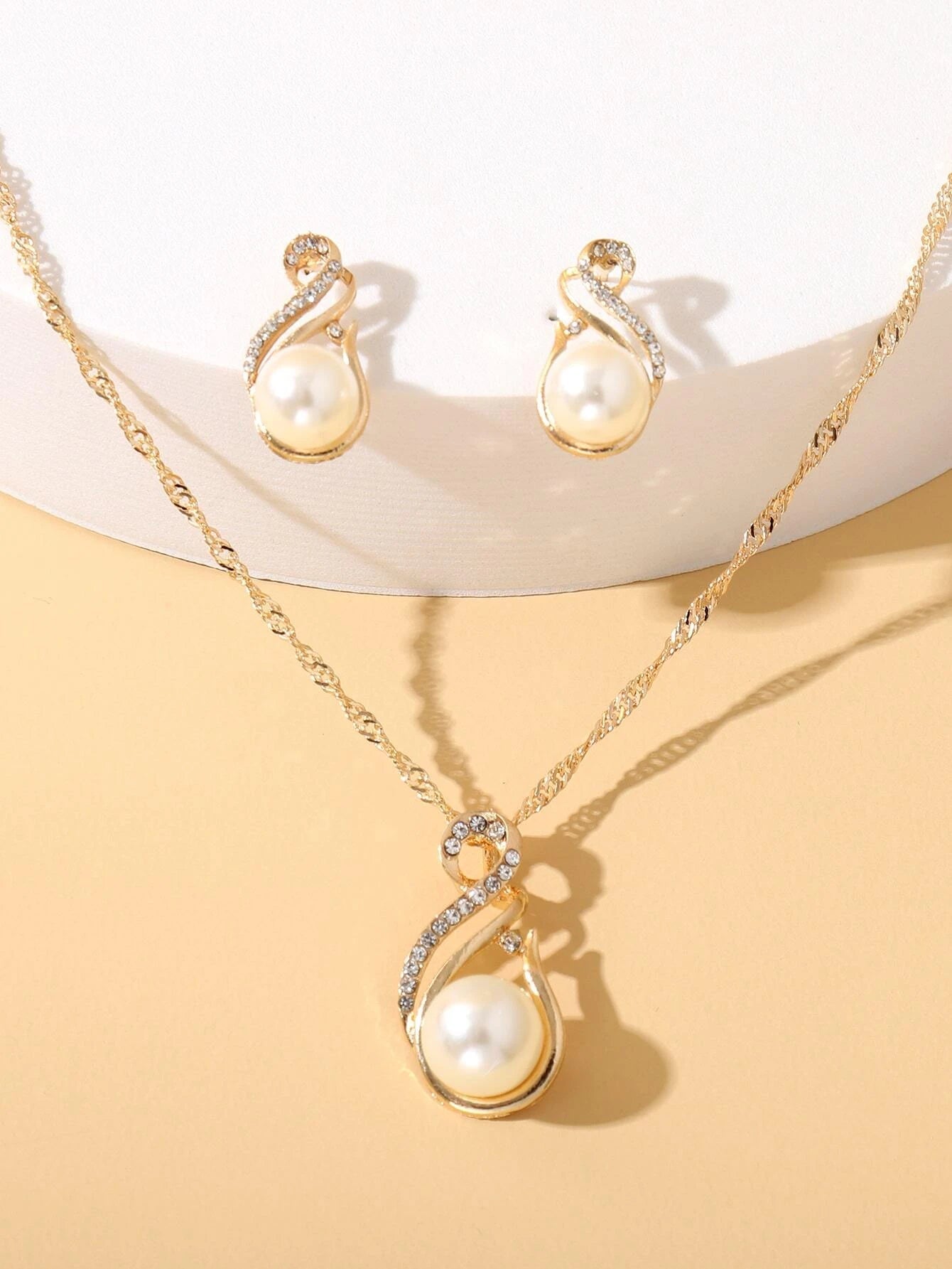 1Pc Charming Water Drop Shaped Rhinestone & Faux Pearl Pendant Necklace and 1Pair Earrings, Birthday/Festival Gift for Women