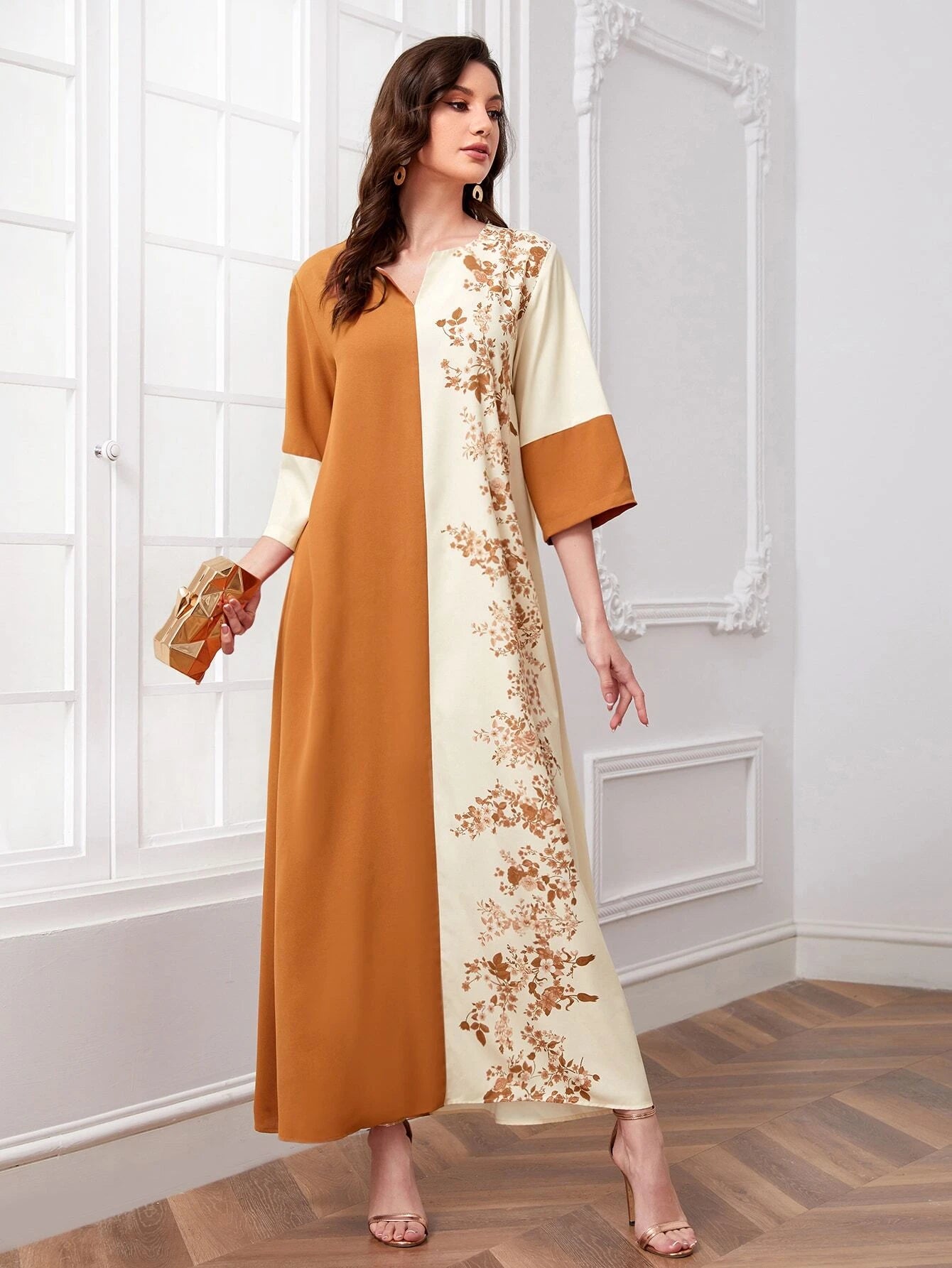 Najma Notched Neck Floral Print Colorblock Kaftan