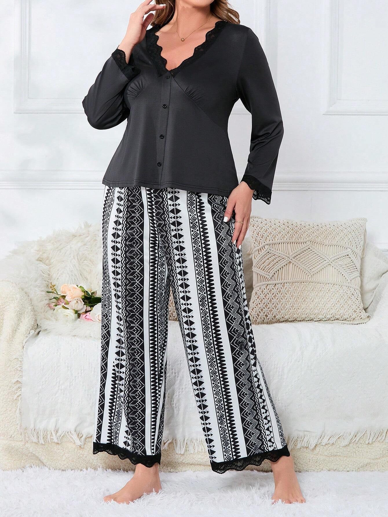 Plus Geo Print Contrast Lace PJ Set