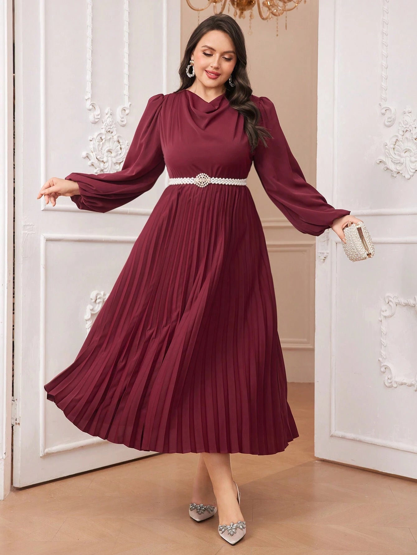 Modely plus Size Solid Color Draped Collar Lantern Sleeve Dress
