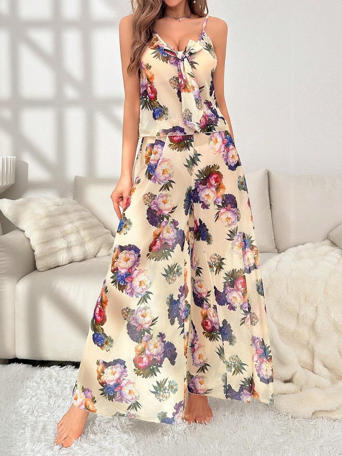 Floral Print Knot Front Cami Top & Wide Leg Pants PJ Set