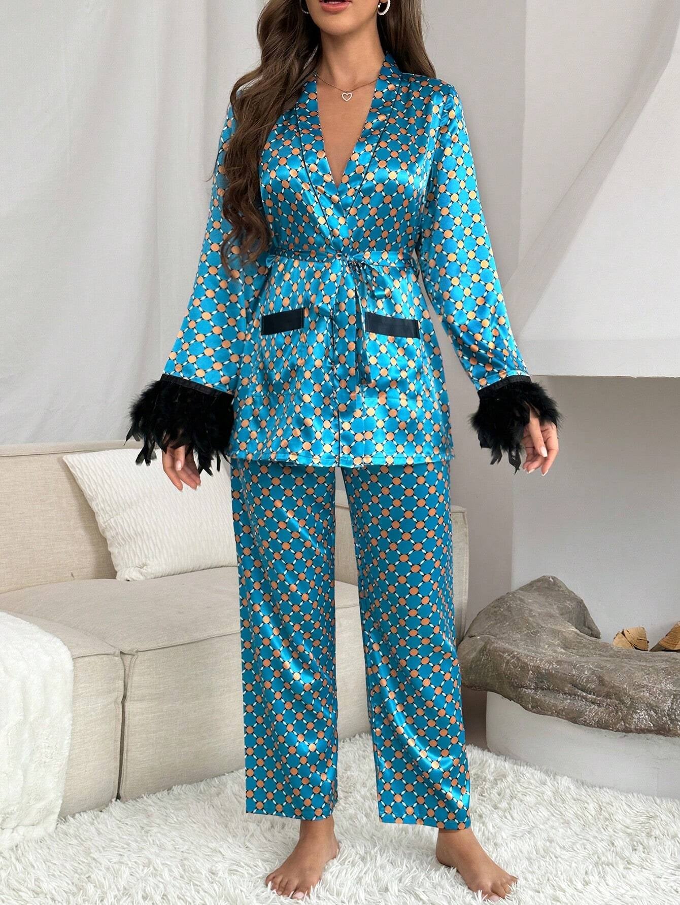 Allover Print Fuzzy Trim Belted Satin PJ Set