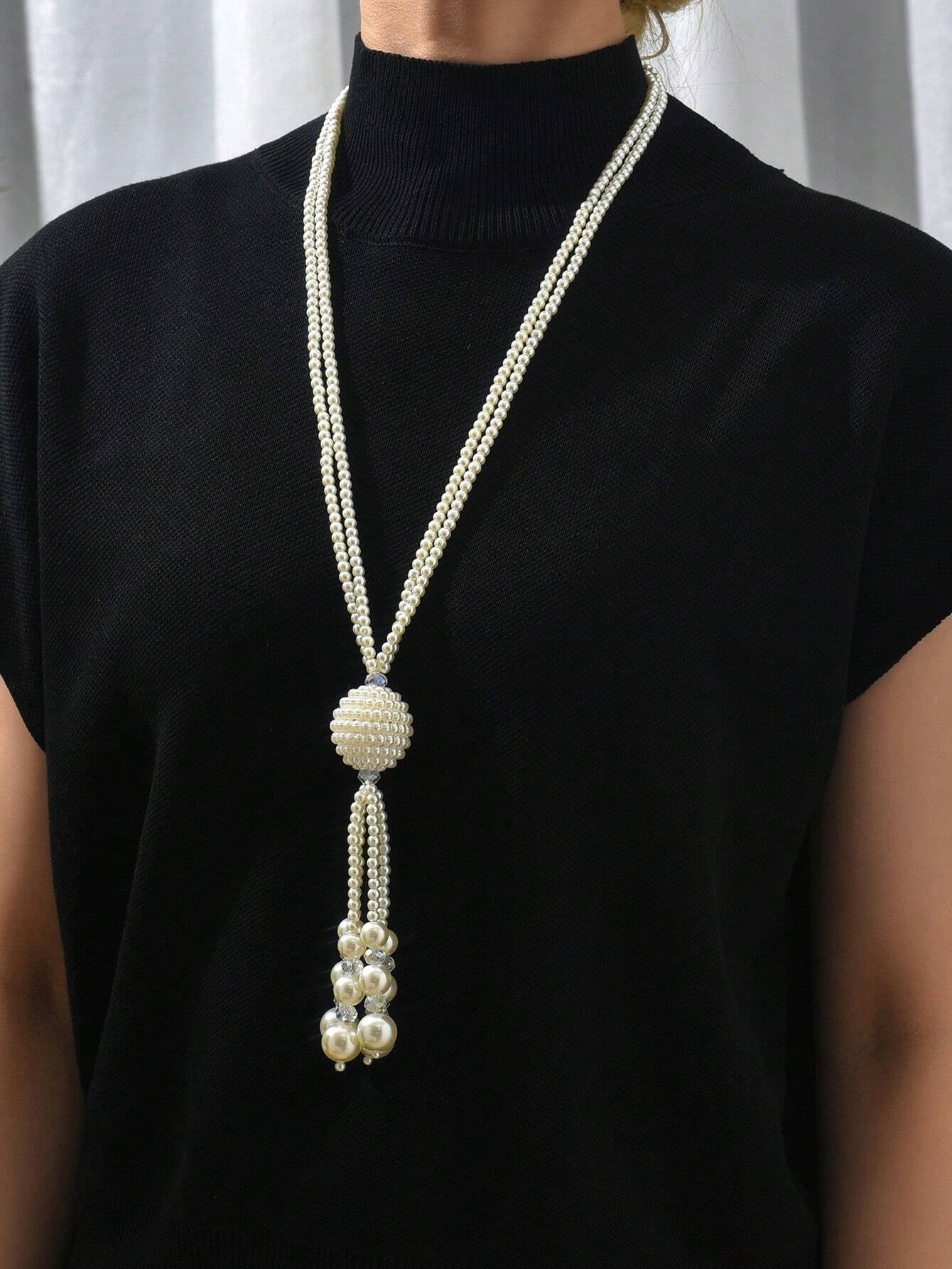 1Pc Fashionable Faux Pearl Tassel Pendant Long Necklace/Sweater Chain for Women