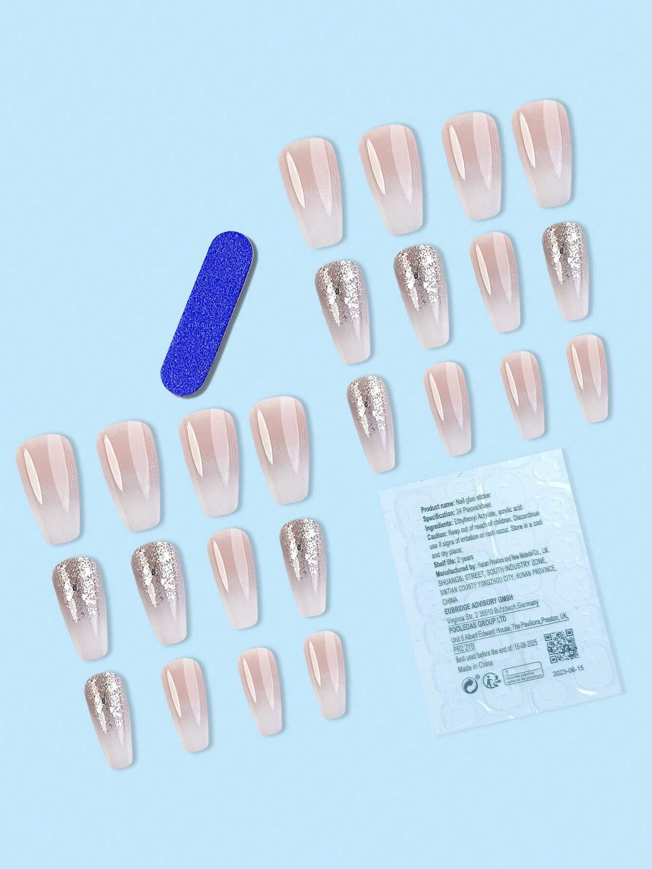 Upgrade Your Style! 24Pcs Long Coffin Shaped Y2K Gradient Jelly Pink Glitter False Nail Tips for Party, Dance, Festival