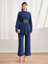 Mulvari Women'S Solid Color Stand Collar Asymmetric Hem Tops Wide Leg Pants Two-Piece Set without Belt