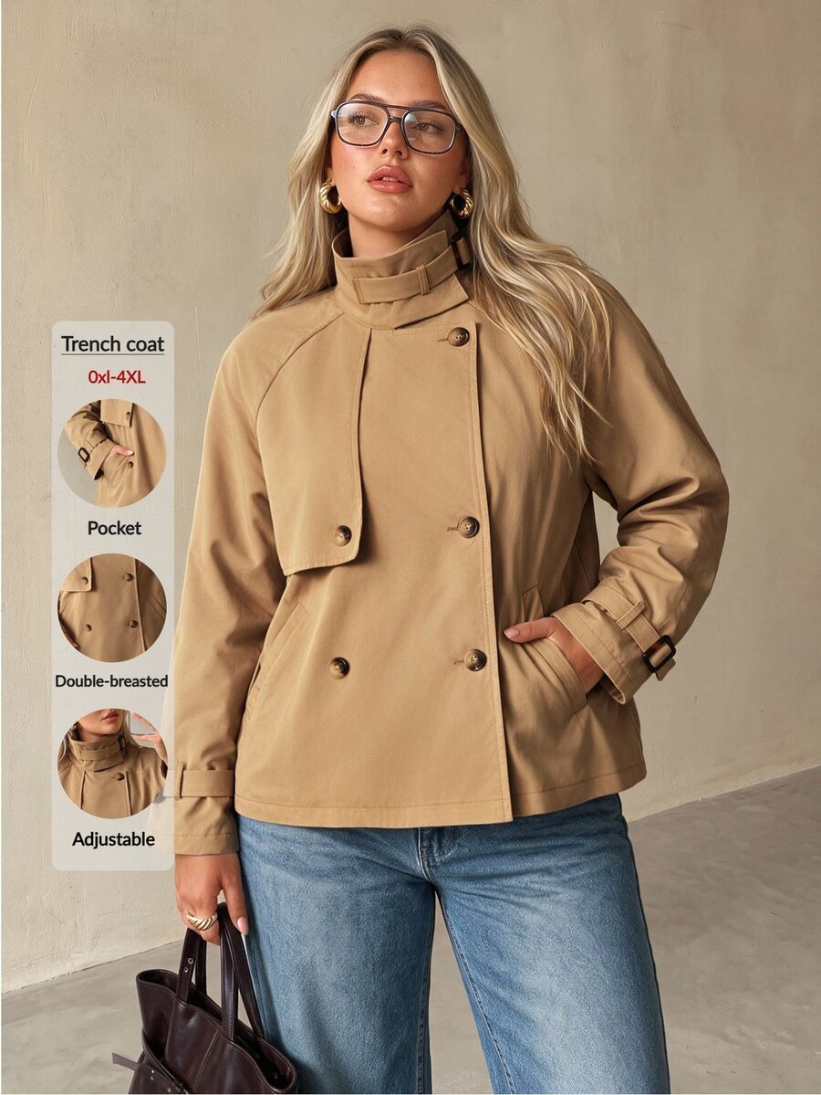SHEIN Auralis معطف ترنش للمقاسات الكبيرة مزدوج الصدر بياقة واقفة وأكمام طويلة