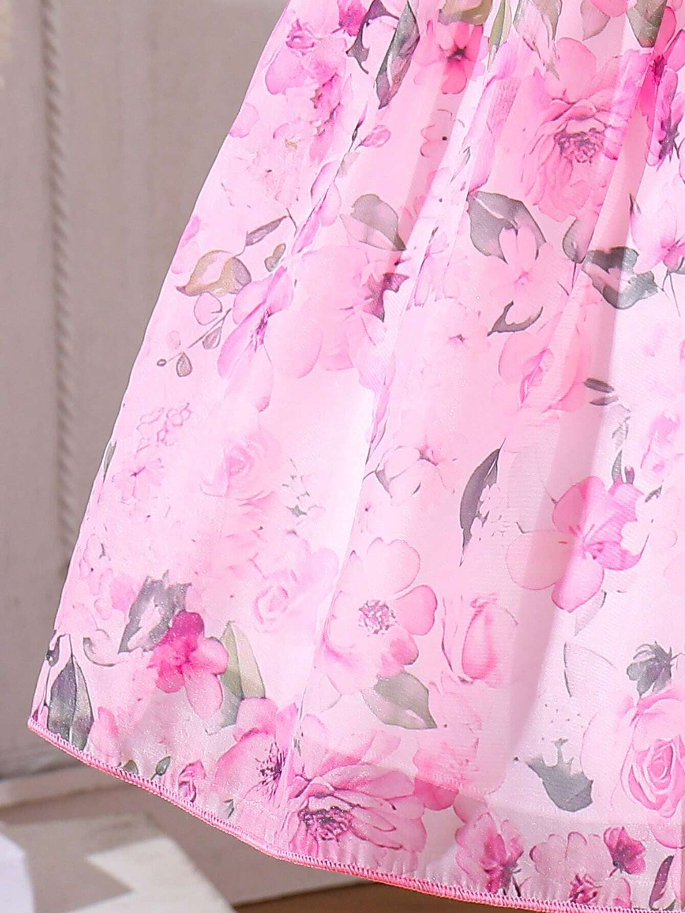 Young Girls' Summer Flower Print Dress, Purple Floral Princess Dress with Puff Sleeves