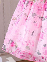 Young Girls' Summer Flower Print Dress, Purple Floral Princess Dress with Puff Sleeves