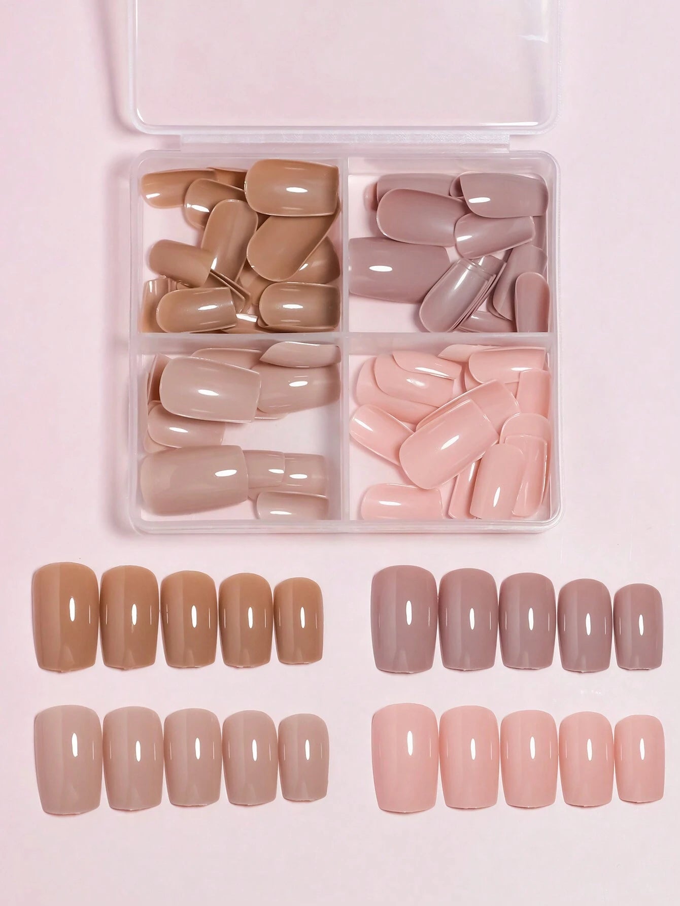 4 Colors (96 Pcs) Square Shape Press Nails Medium Size False Nails Brown Series Fake Nails Acrylic Faux Gloss Design Nails Full Coverage Nails for Women and Girls as Gifts