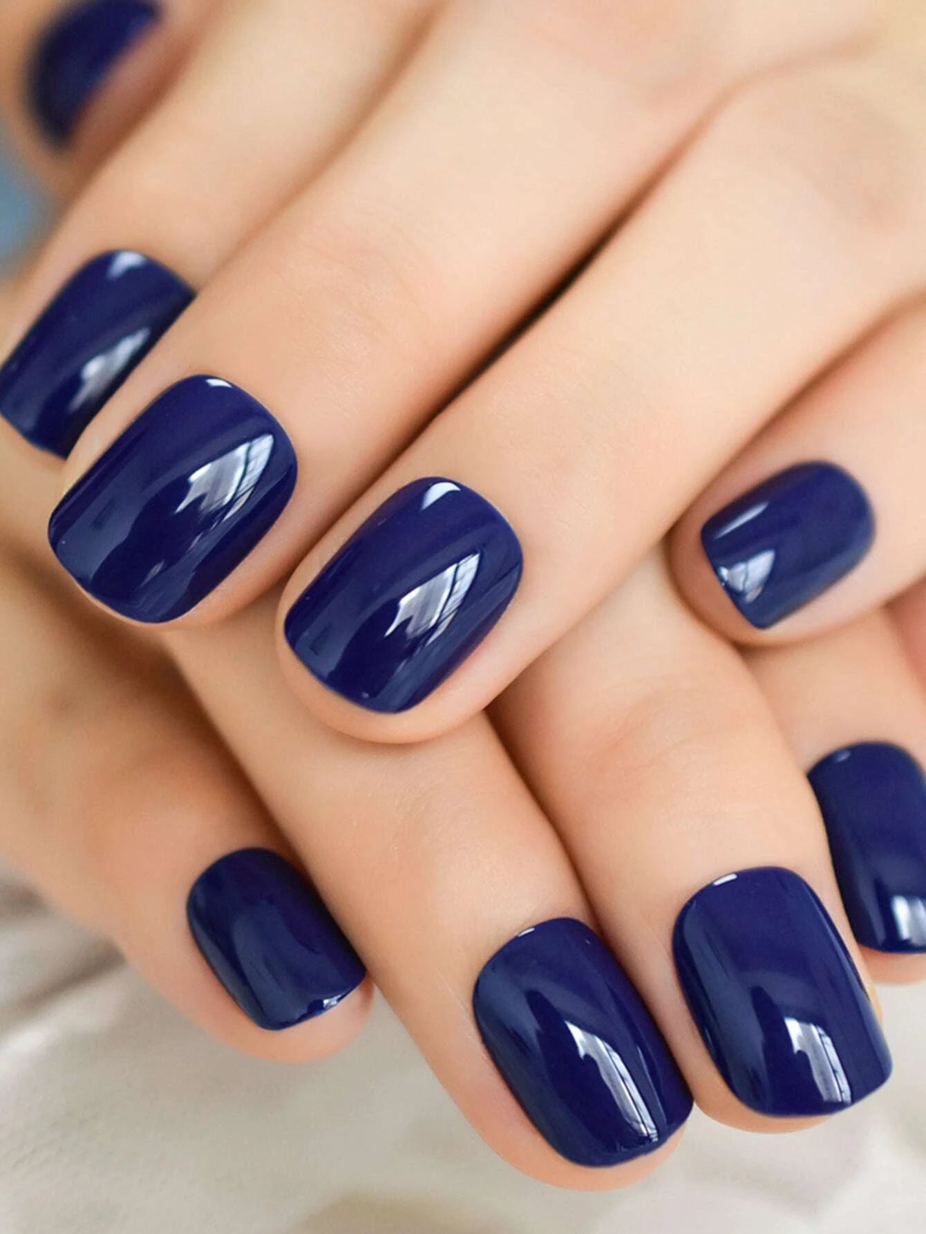 Elevate Your Style with 24Pcs Short Square Blue Solid Glossy Plain Fake Nail & 1Sheet Tape & 1Pc Nail File & 1Pc Stick