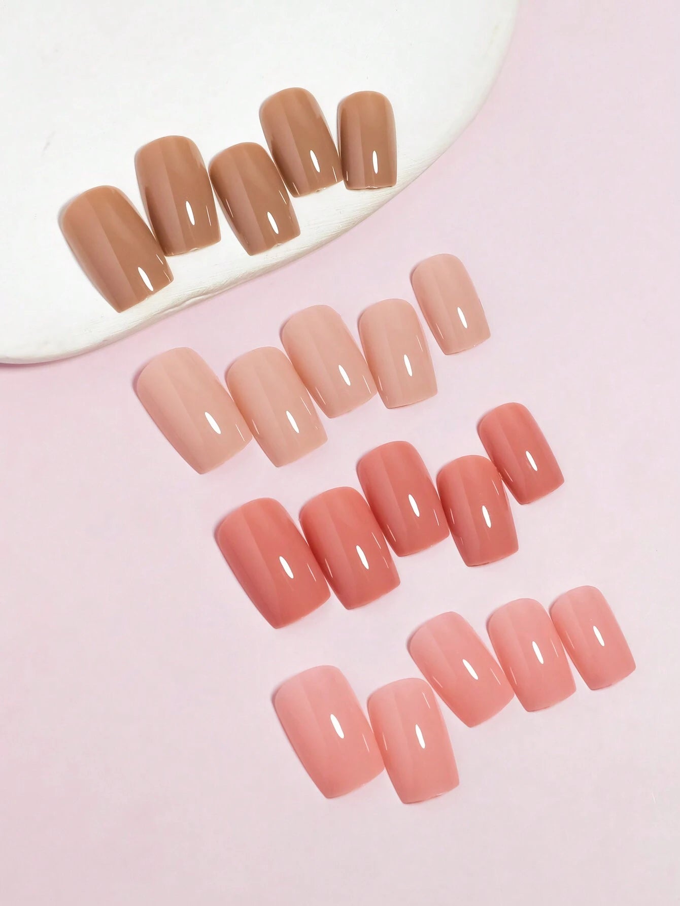 96Pcs (Matte Dark Brown/Matte Nude/Shiny Nude/Shiny Light Nude) DIY Colors Combined Gradient Design Natural Looking Press on Nails Short Fake Nails Square Nails Set with Storage Box as Gift for Women and Girls