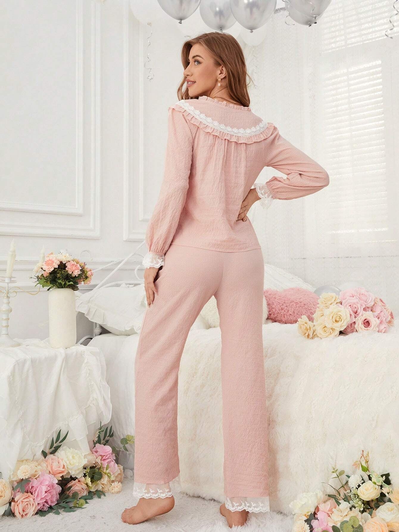 Ladies' Lace Patchwork Pajama Set with Frill Edge Design Long-Sleeved Top and Pants