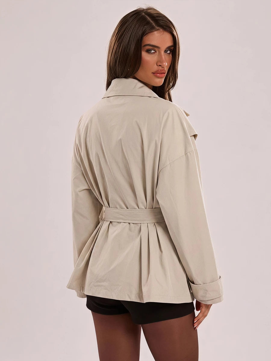 SHEIN BAE معطف ترنش بلون كاكي بأكمام طويلة وحزام خصر