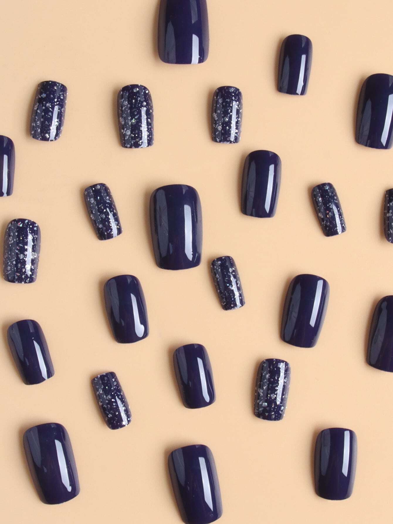 Elevate Your Style with 24Pcs Long Square Navy Blue Glitter Full Coverage Fake Nail Set for Women Girls Daily Wear