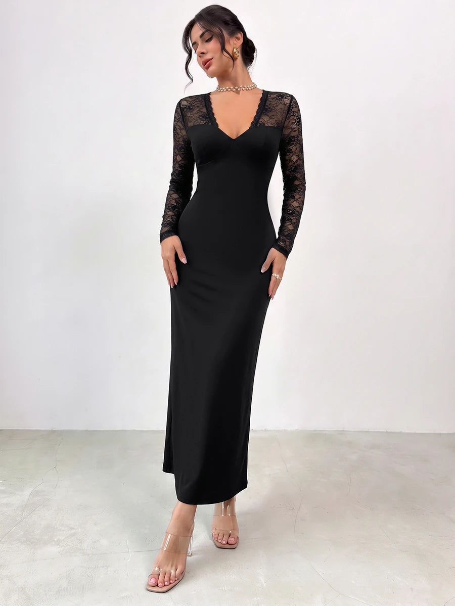 SHEIN Firerie فستان أسود بتفاصيل دانتيل وأكمام طويلة
