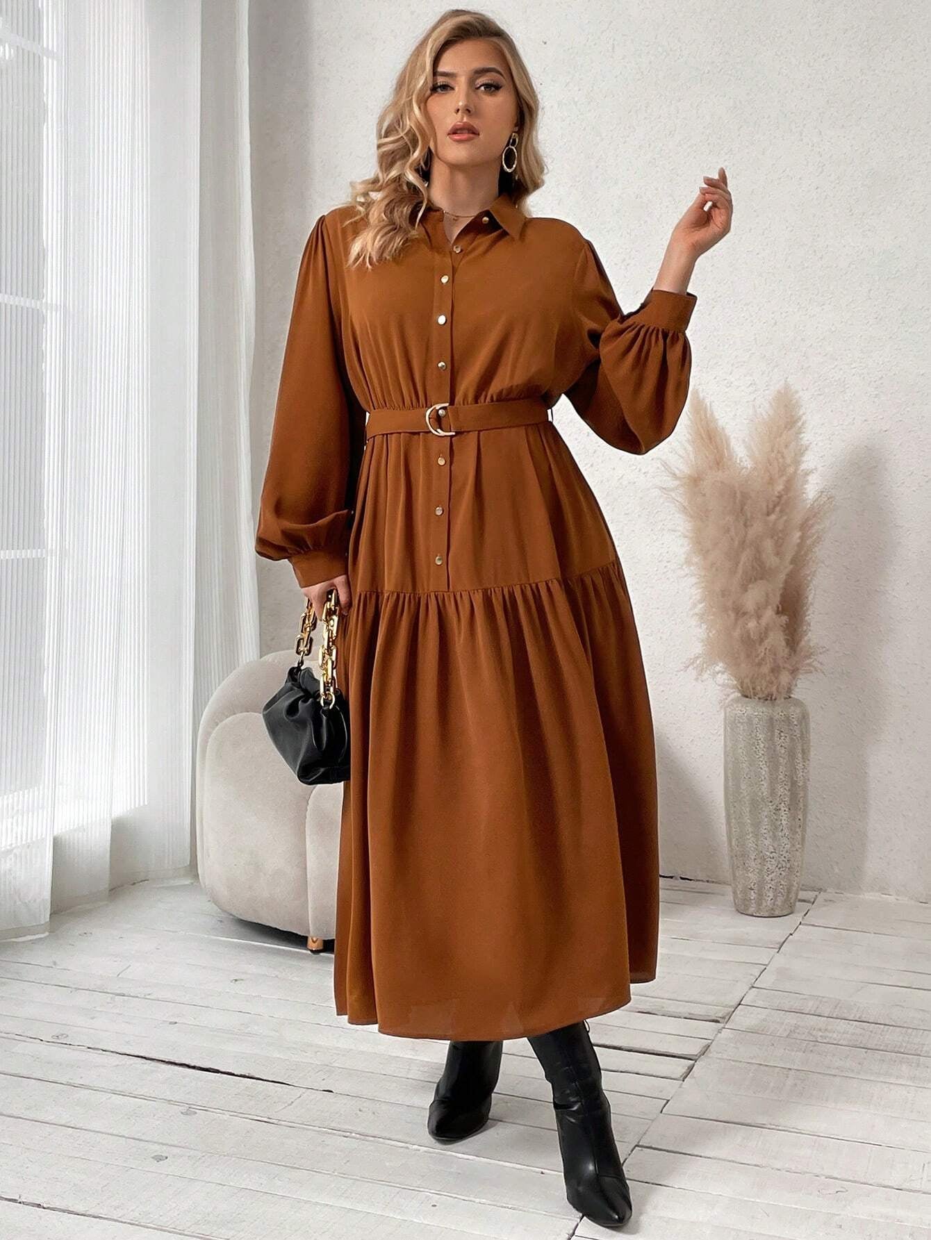 Frenchy plus Lantern Sleeve Ruffle Hem Belted Shirt Dress