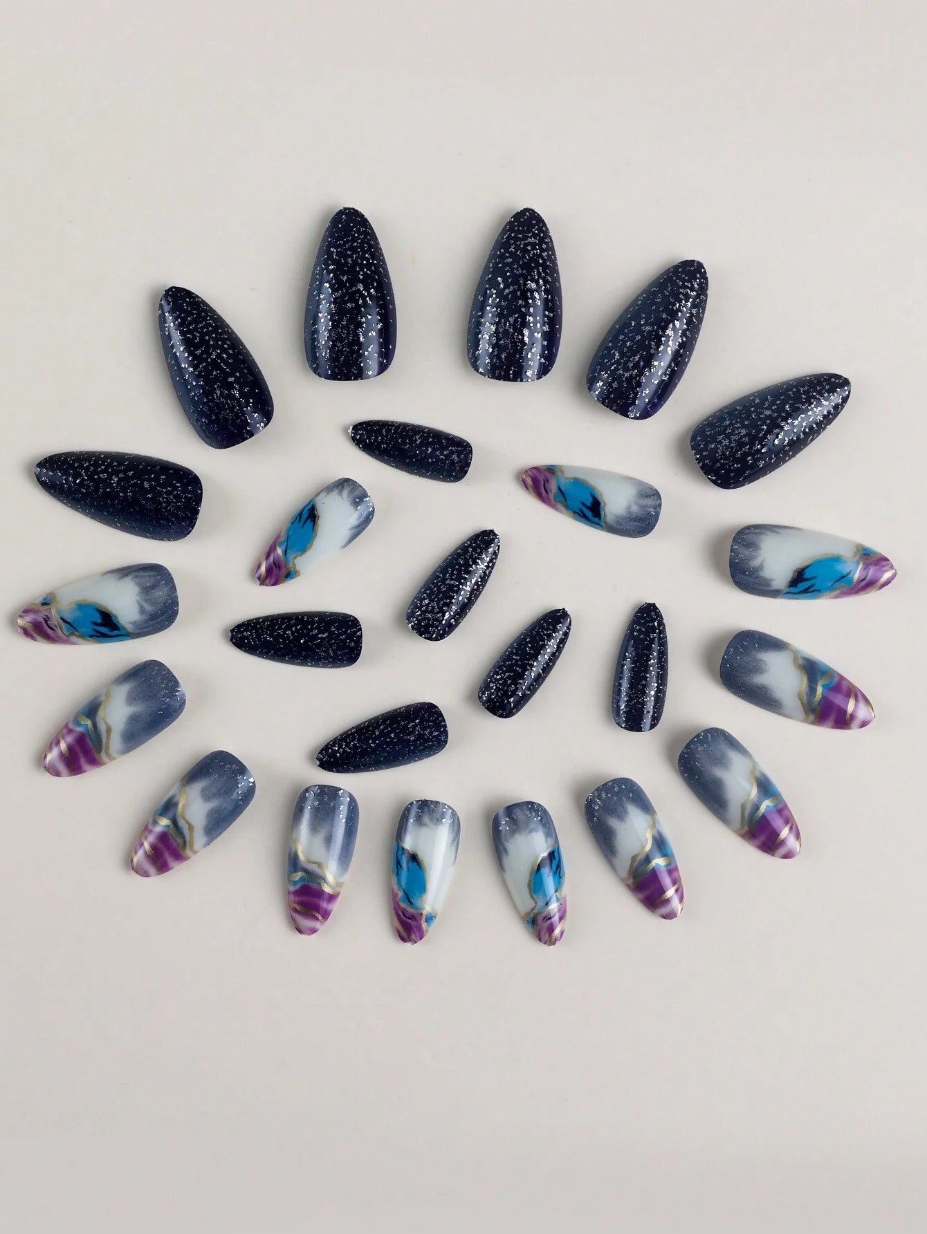 Galaxy Gradient Sparkling Powder Medium Almond Shape False Nails Set(24Pcs)+1Pc Jelly Glue+1Pc Nail File
