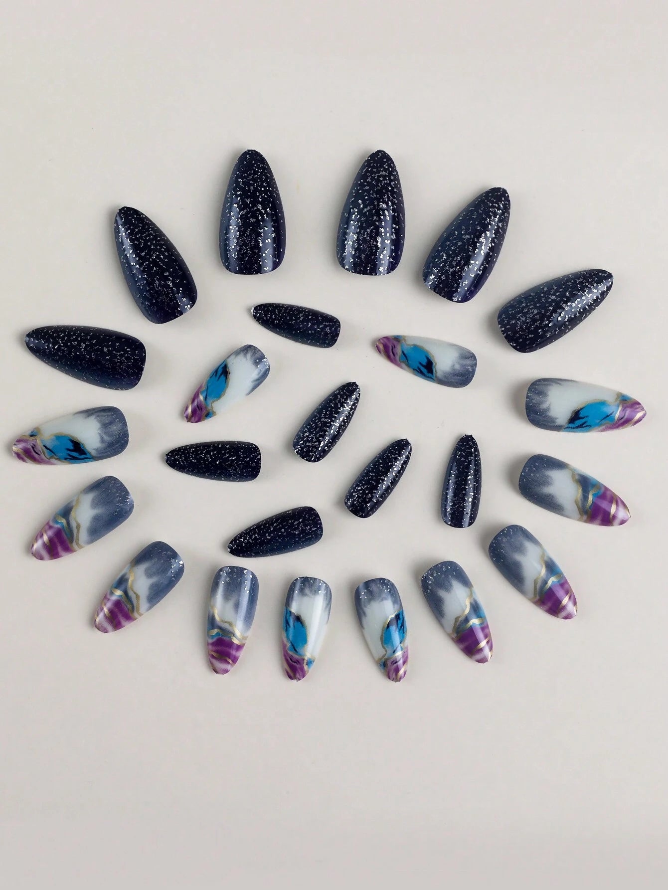 24Pcs Gradient Lightning Pattern Medium Length Almond False Nails, 1 Sheet Jelly Glue, and 1Pc Nail File