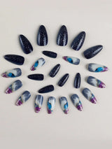 24Pcs/Box Galaxy Blue Starry Sky Almond Nail Tips with Ombre Effect + 1Pc Jelly Glue + 1Pc Nail File
