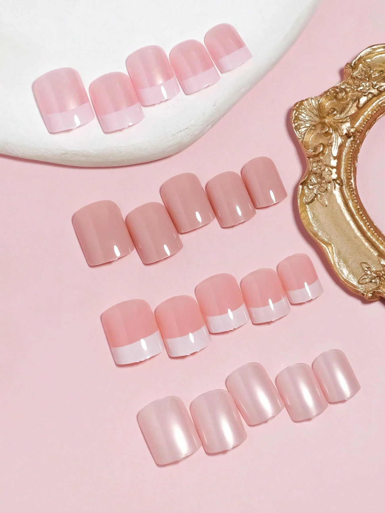 96Pcs(Dark Nude/Nude/Cream/Shrimp Pink-4Colors) Medium Square Press on Nails Acrylic Short Fake Nails Full Cover Solid Colors Designs Shiny Glue on Nails False Nail as Gift for Women and Girls with Storage Box