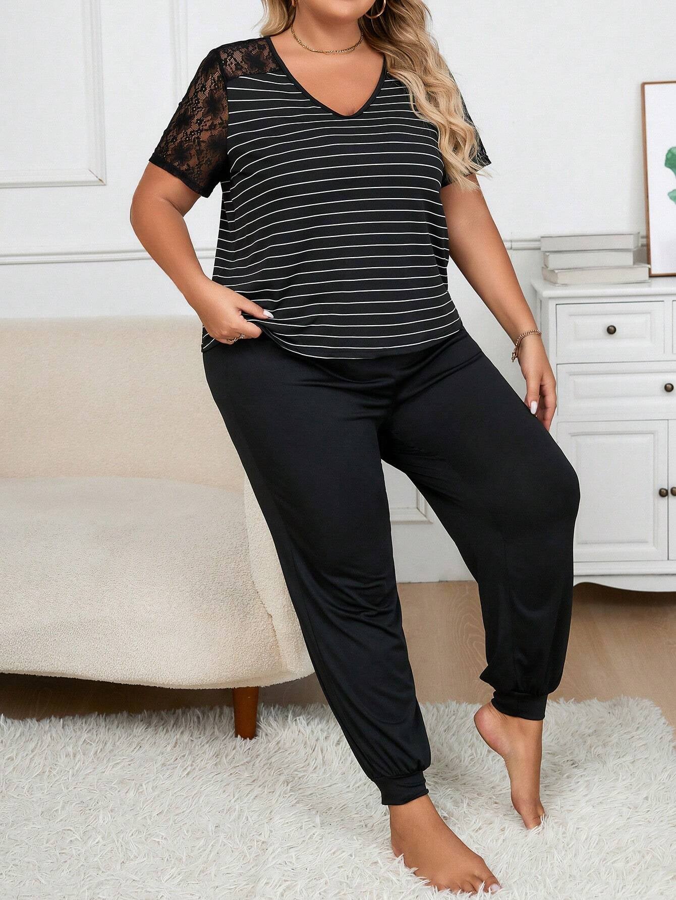 Women'S plus Size V-Neck Striped Lace Trim Pajama Sets