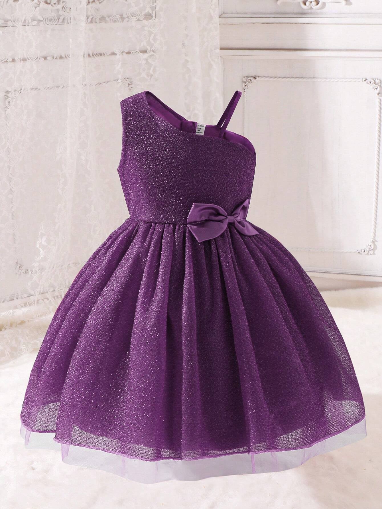 Young Girl Asymmetrical Collar Princess Style Tulle Dress with Ribbon Decor, Perfect for Parties