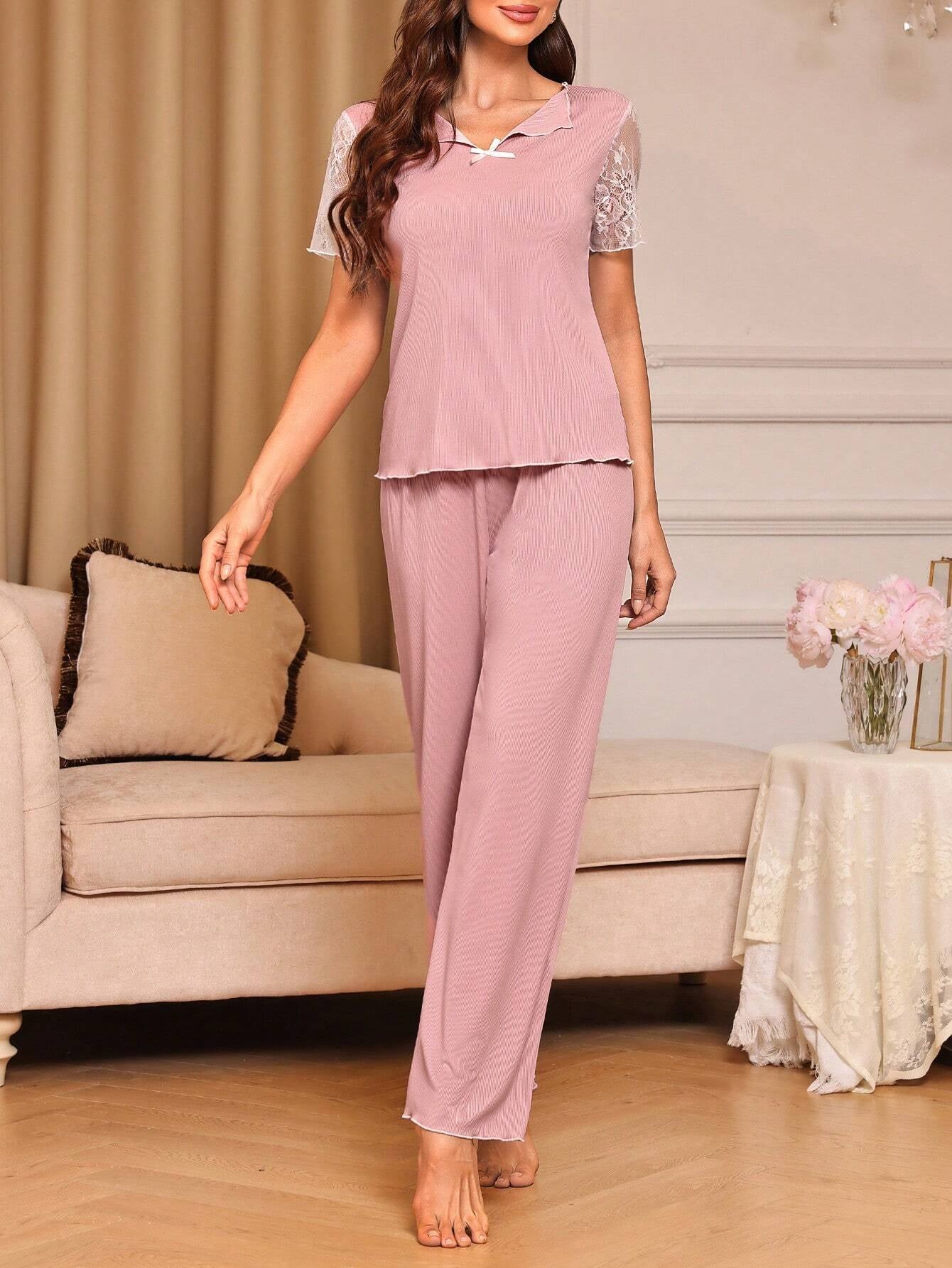 Women'S Solid Color Simple Daily Short Sleeve and Long Pants Pajama Set