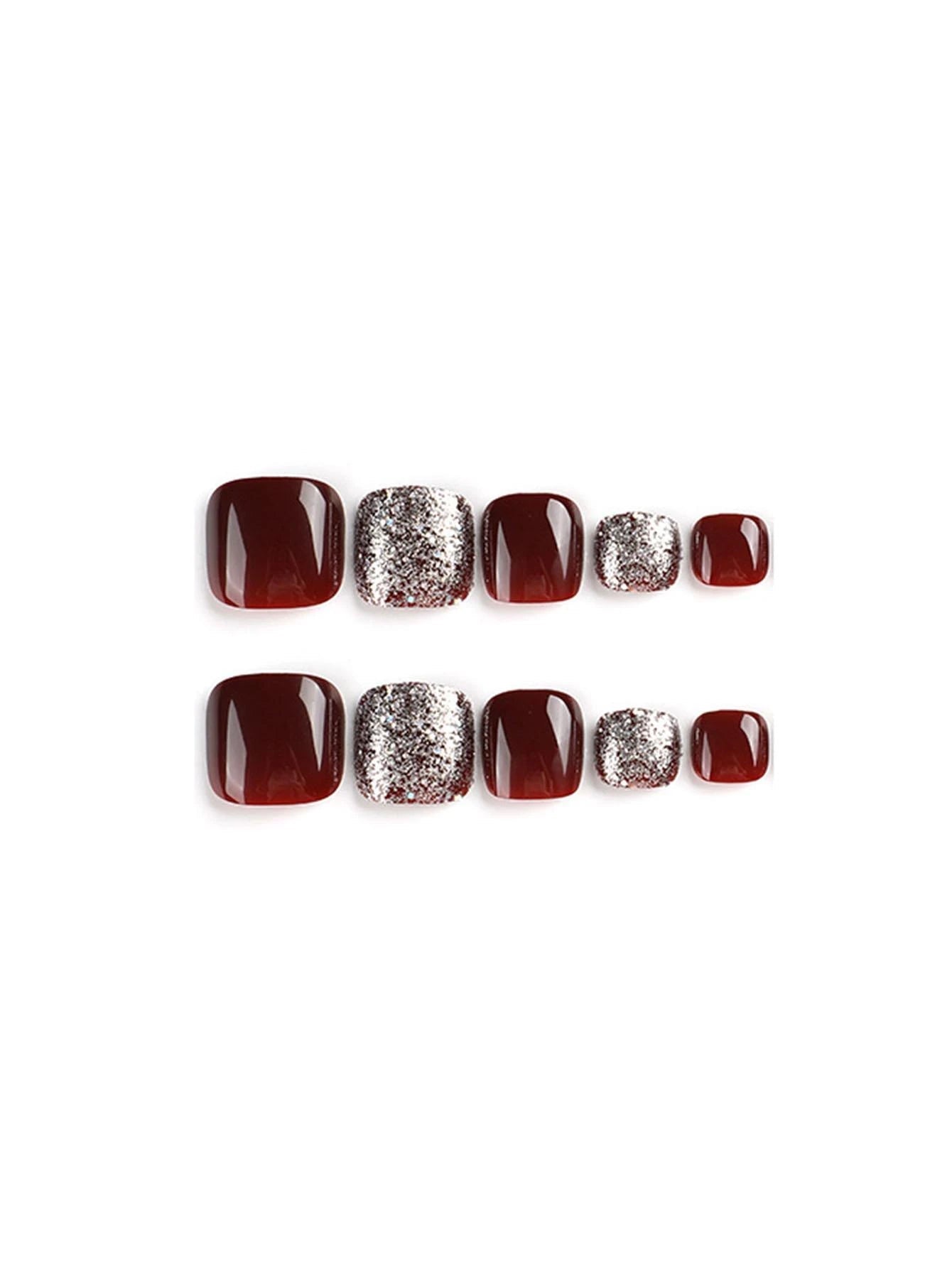 Upgrade Your Look with 24Pcs Short Square Timeless Burgundy Glittered Press-On Pedicure Gel Nails Full Cover Fake Toenail Kit